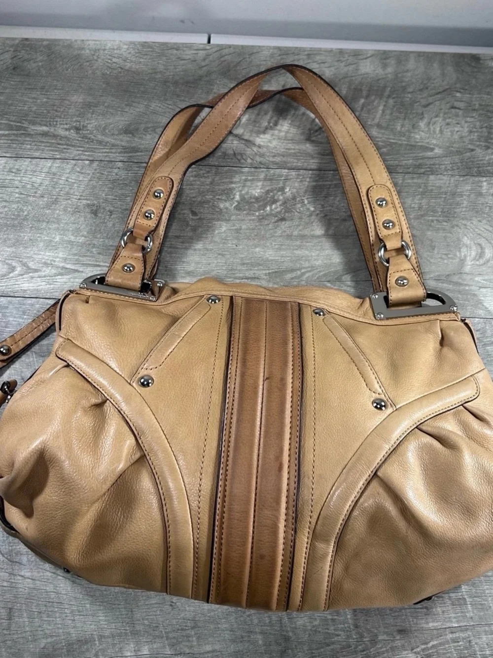 B. Makowsky Tan Glove Leather Double Handles Hobo Shoulder Satchel Bag Purse